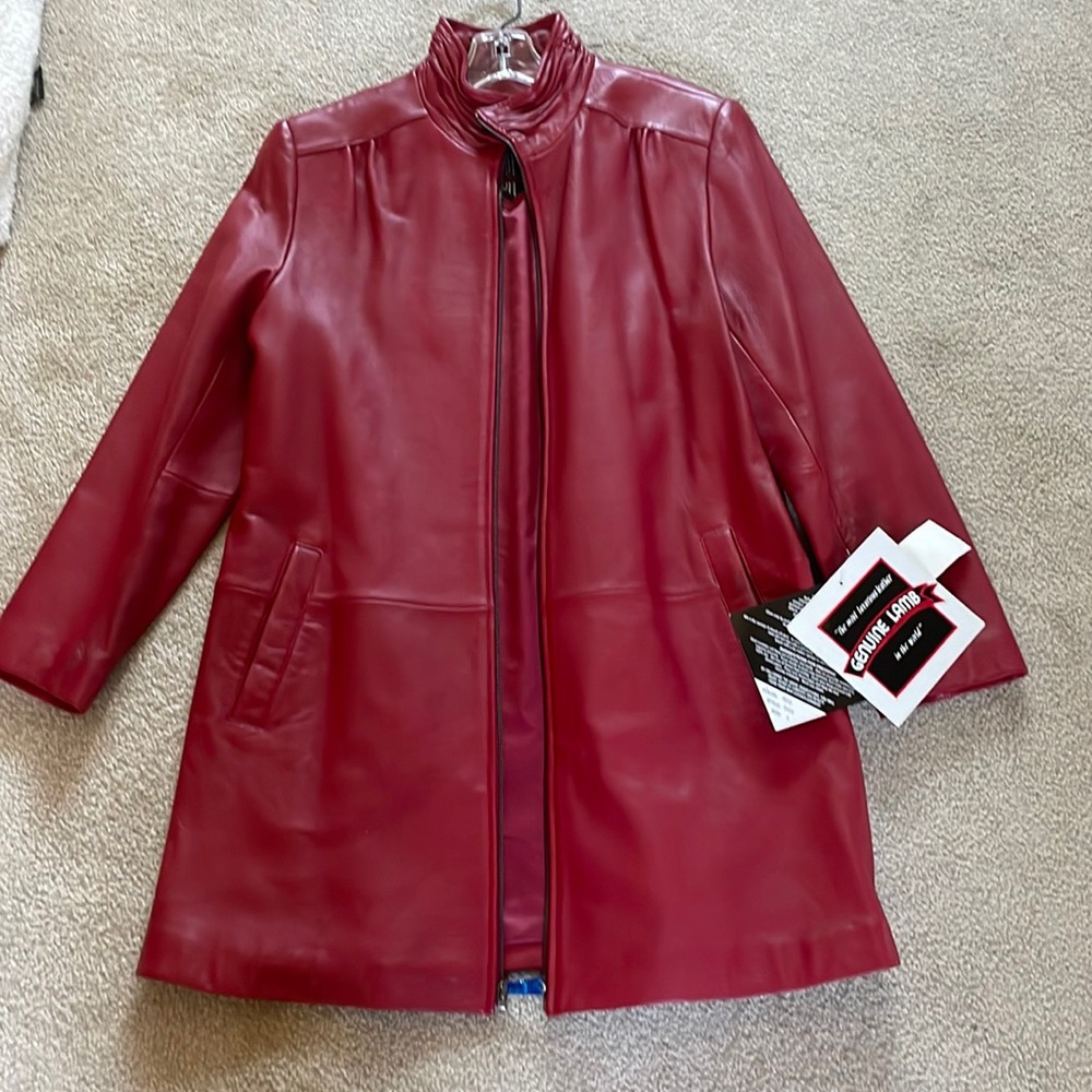Tibor red Lamb leather car coat. New with tags.